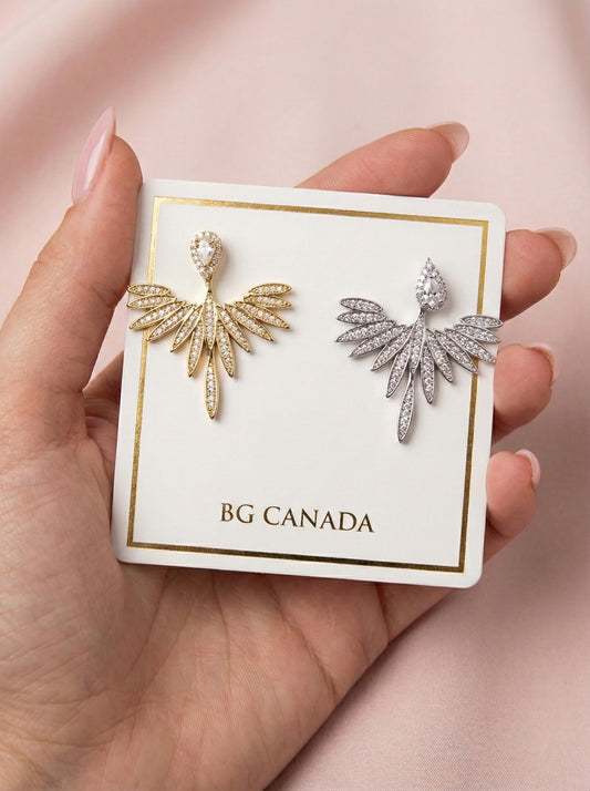 2 in 1 Angel Wing Jacket Earrings • CZ Teardrop Studs • Bridal Wedding Earrings • Gold or Silver Crystal Studs • Removable Jacket Earrings