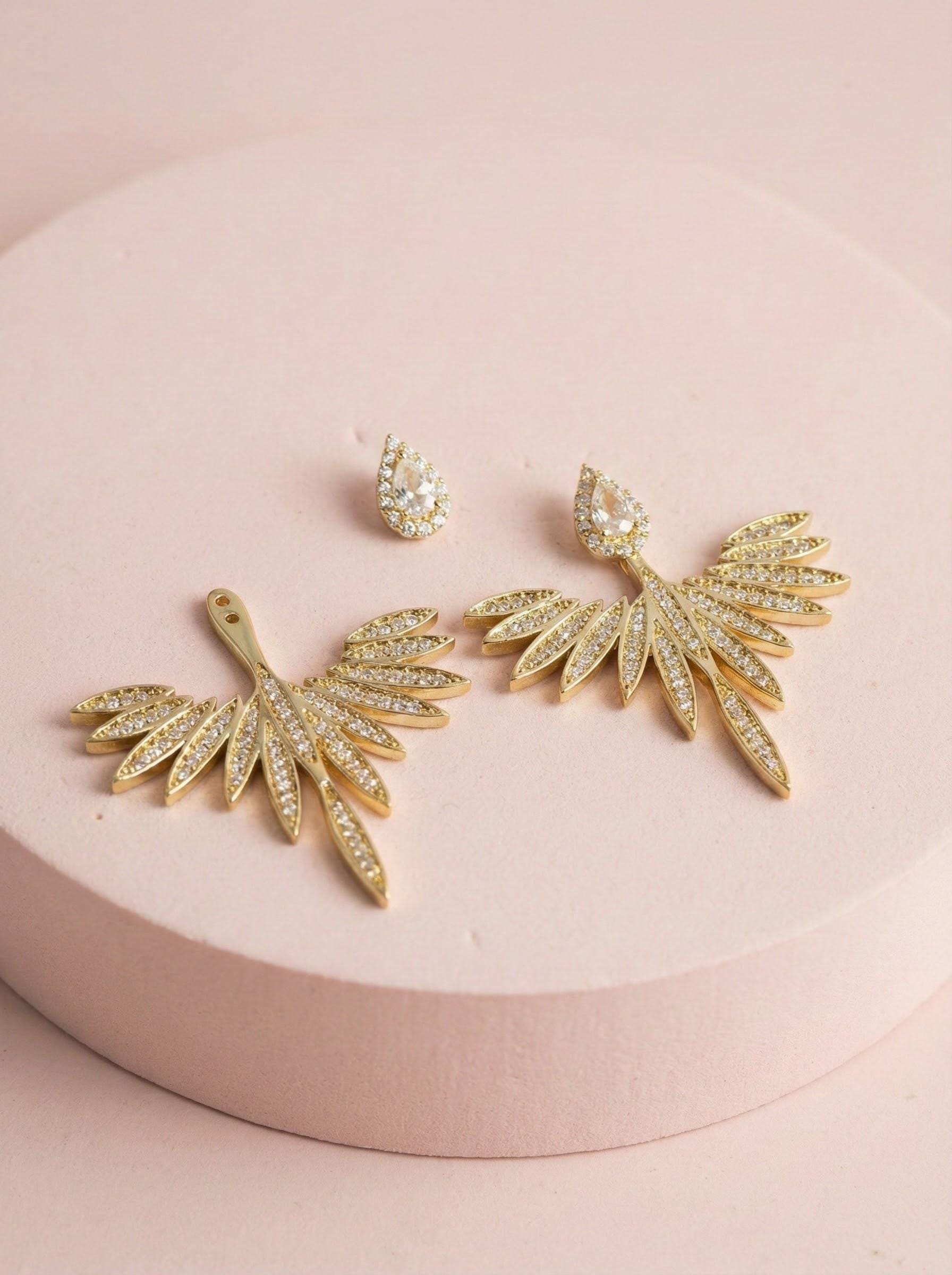 2 in 1 Angel Wing Jacket Earrings • CZ Teardrop Studs • Bridal Wedding Earrings • Gold or Silver Crystal Studs • Removable Jacket Earrings