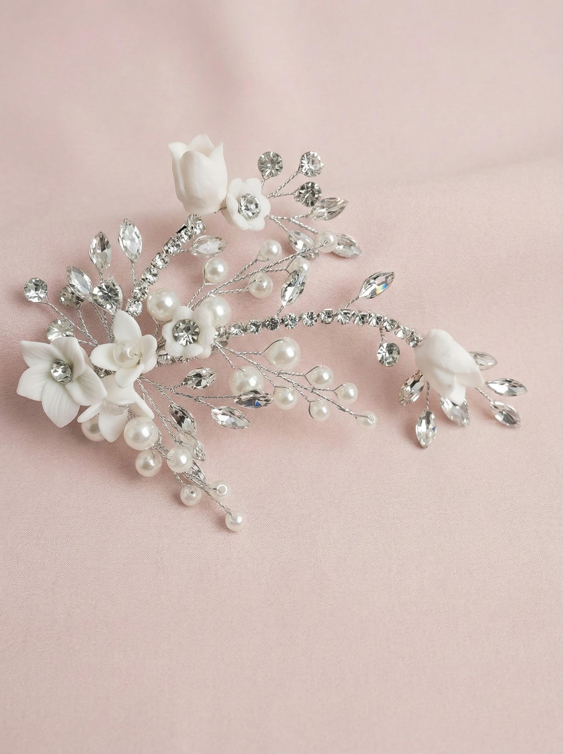 Bridal Hair Comb • Pearl & Crystal Floral Wedding Hairpiece • Flower Bridal Headpiece for Updo • Elegant Bridal Accessories • Curly Hair Fri