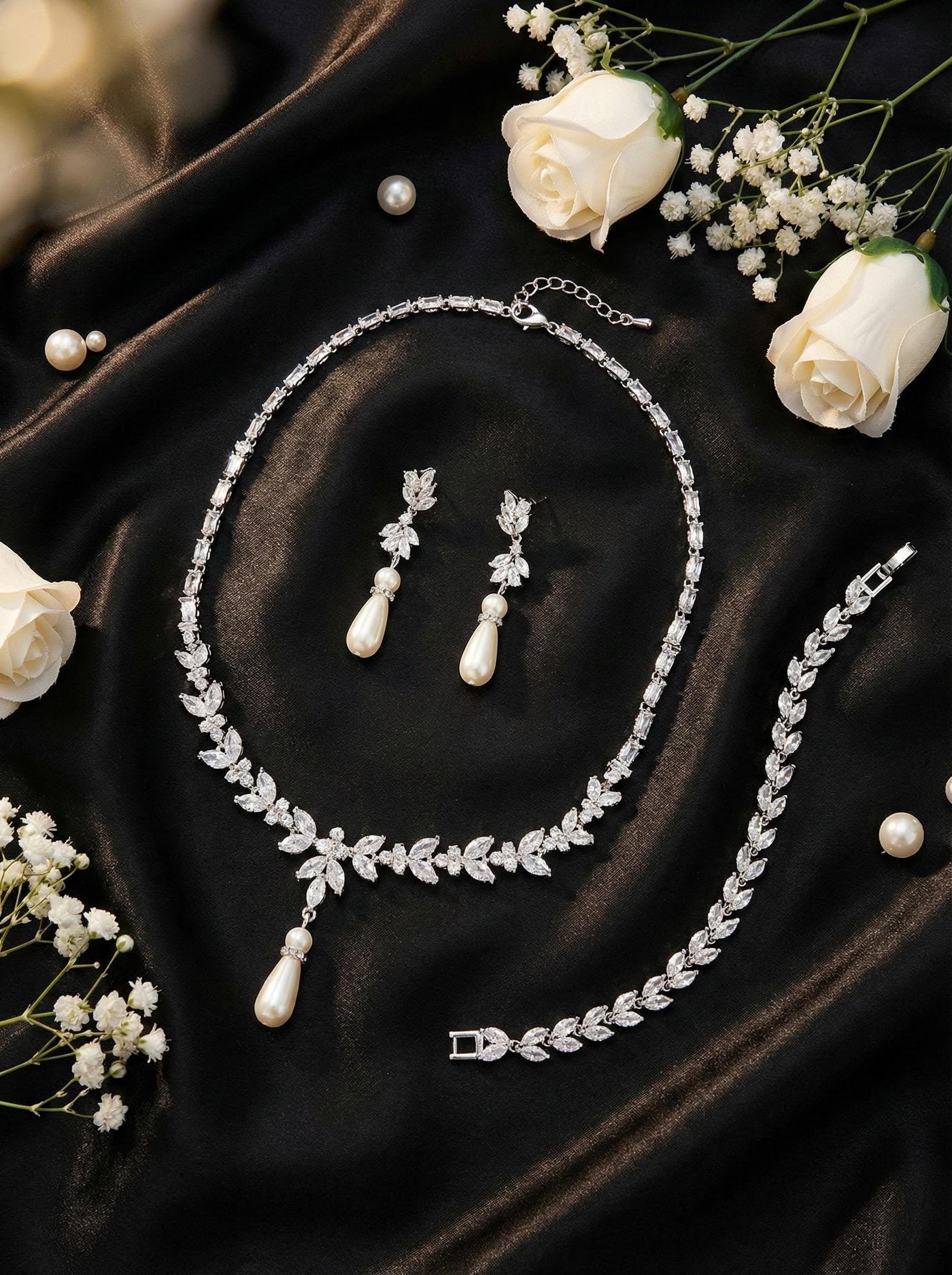 Wedding necklace wedding earrings silver bridal jewelry set cz necklace with pearl drop y necklace pearl drop earrings