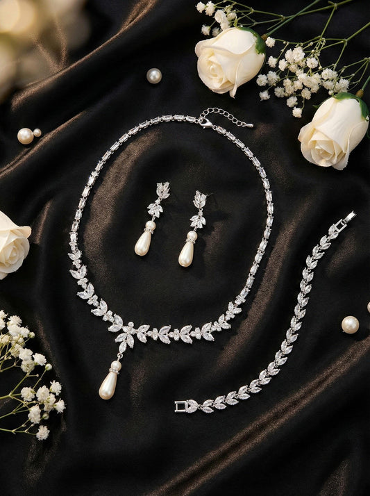 Wedding necklace wedding earrings silver bridal jewelry set cz necklace with pearl drop y necklace pearl drop earrings
