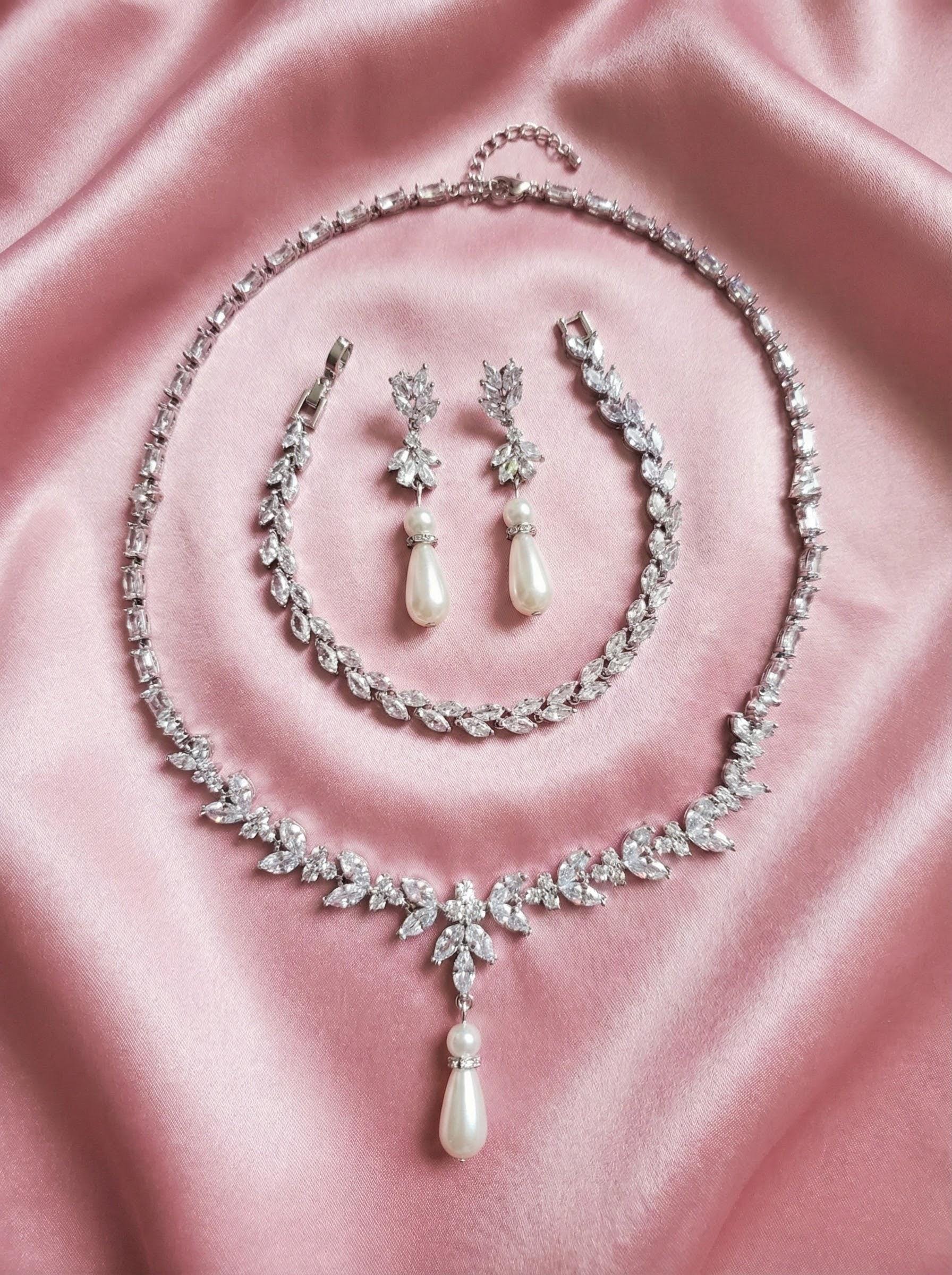 Wedding necklace wedding earrings silver bridal jewelry set cz necklace with pearl drop y necklace pearl drop earrings