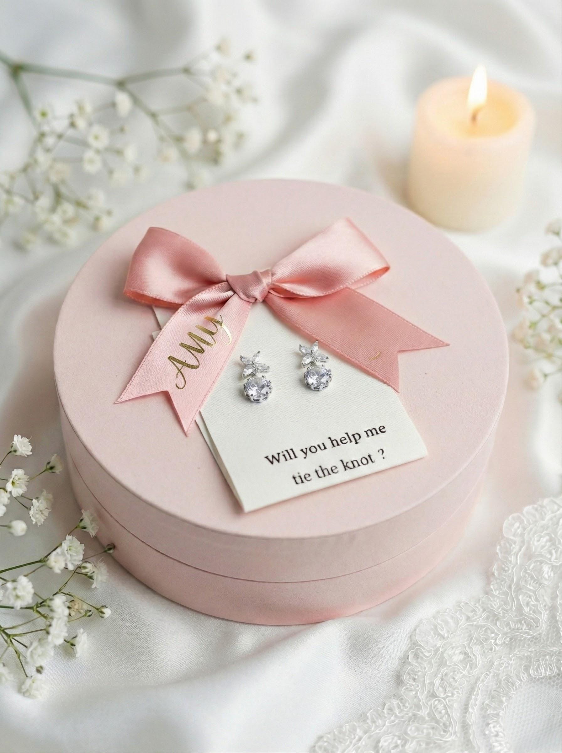 CZ Clover Drop Earrings Bridesmaid Proposal Gift for her custom name gift box personalized box Minimalist Bridal Jewelry Wedding Party Gift