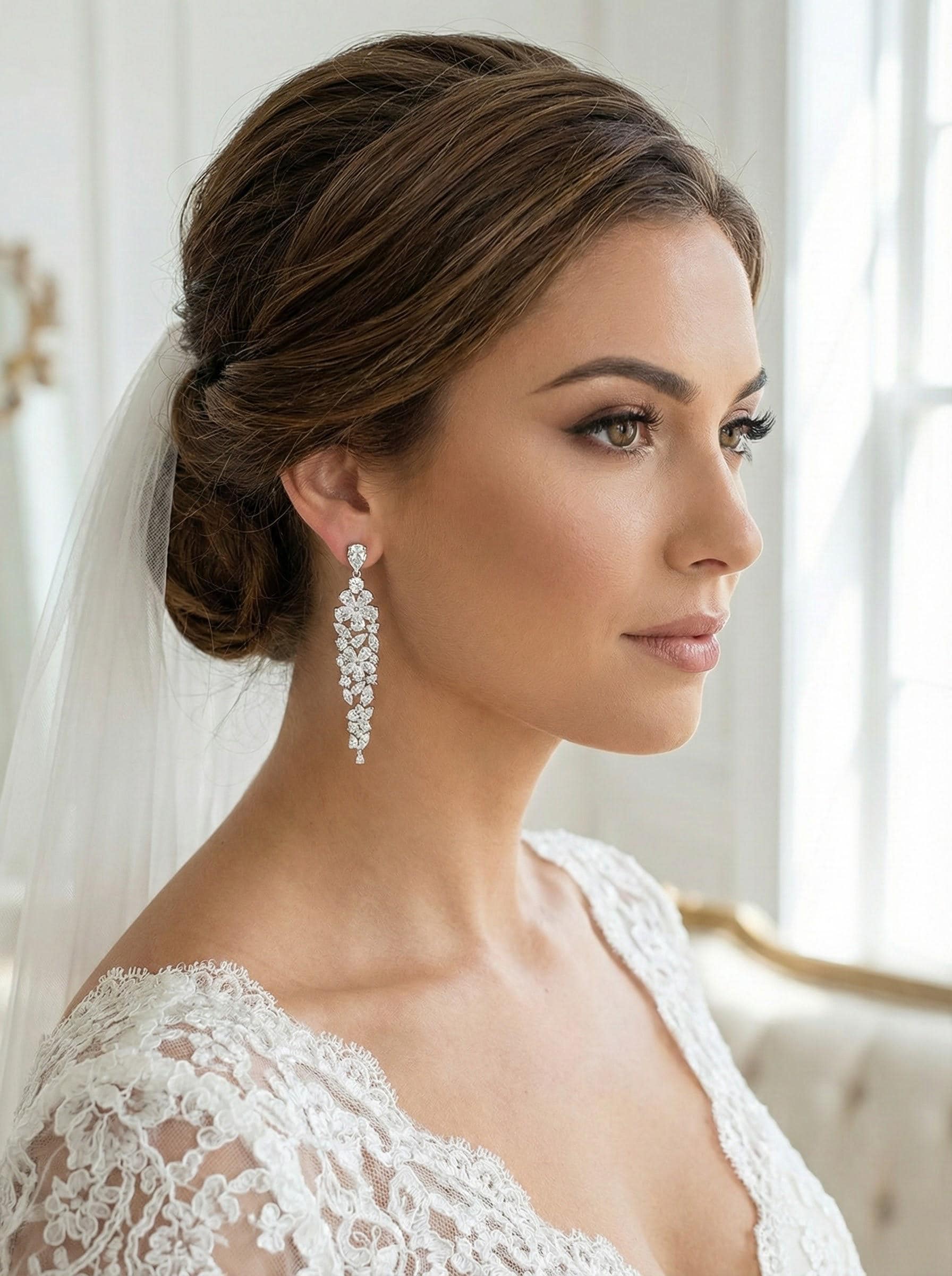 Silver earrings Long floral earrings for bride jewelry crystal earrings wedding earrings extra long earrings 2026 bridal earrings trendy