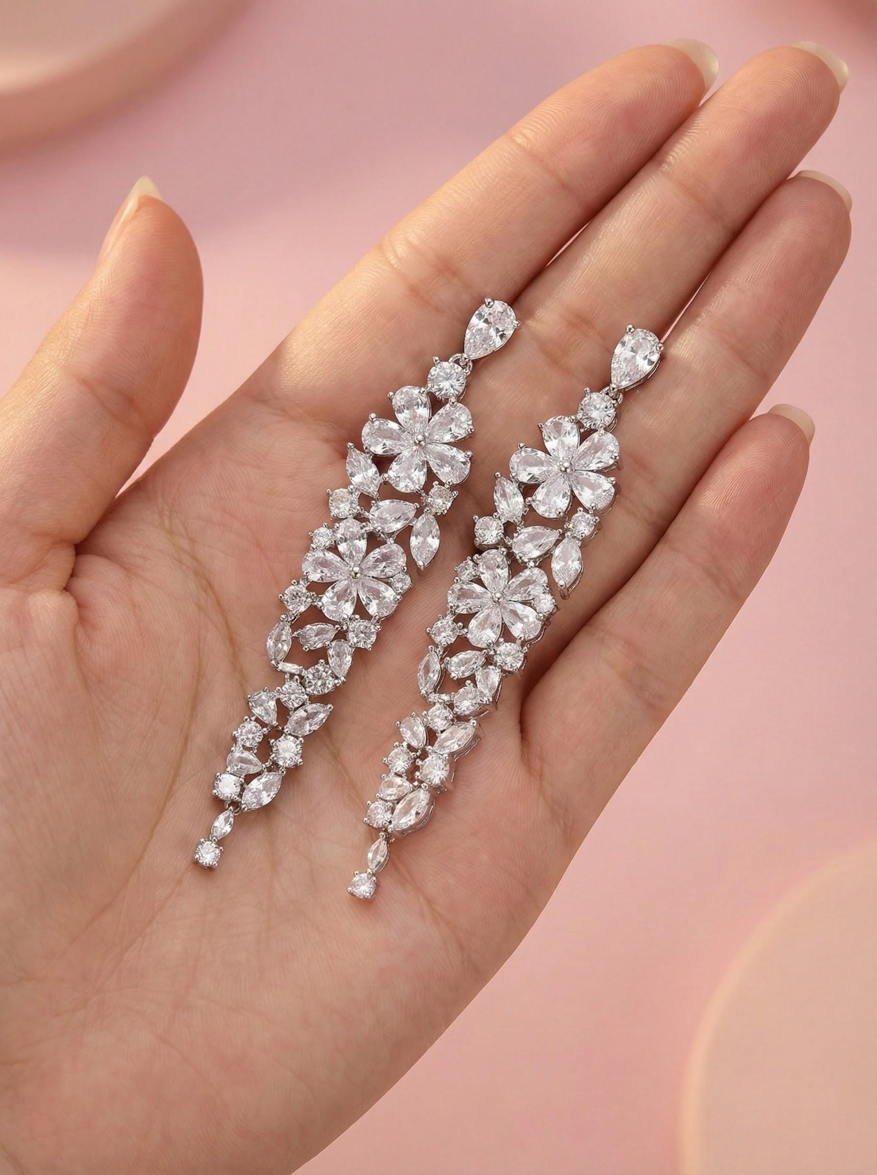 Silver earrings Long floral earrings for bride jewelry crystal earrings wedding earrings extra long earrings 2026 bridal earrings trendy