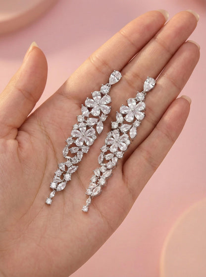 Silver earrings Long floral earrings for bride jewelry crystal earrings wedding earrings extra long earrings 2026 bridal earrings trendy