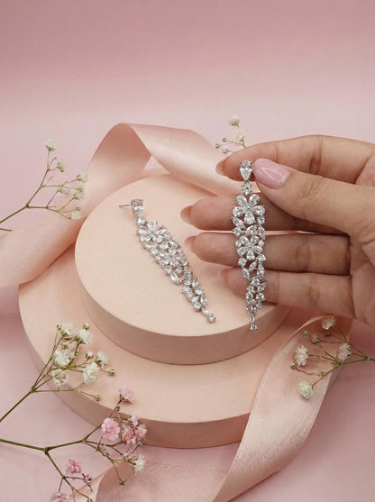 Silver earrings Long floral earrings for bride jewelry crystal earrings wedding earrings extra long earrings 2026 bridal earrings trendy