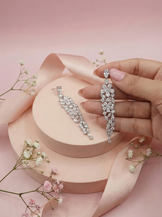 Silver earrings Long floral earrings for bride jewelry crystal earrings wedding earrings extra long earrings 2026 bridal earrings trendy