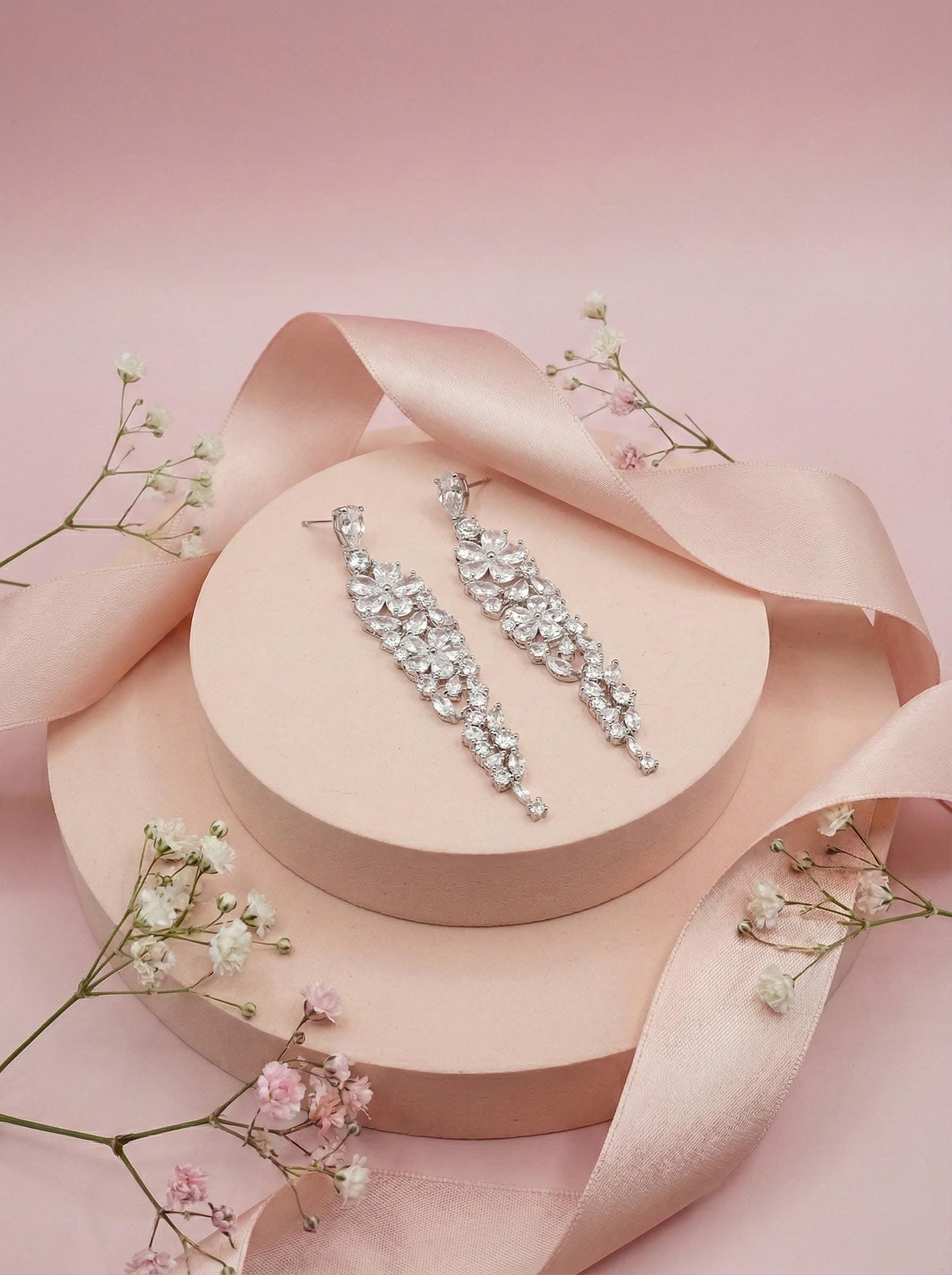 Silver earrings Long floral earrings for bride jewelry crystal earrings wedding earrings extra long earrings 2026 bridal earrings trendy