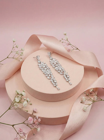 Silver earrings Long floral earrings for bride jewelry crystal earrings wedding earrings extra long earrings 2026 bridal earrings trendy