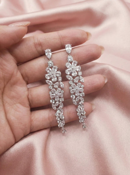 Silver earrings Long floral earrings for bride jewelry crystal earrings wedding earrings extra long earrings 2026 bridal earrings trendy