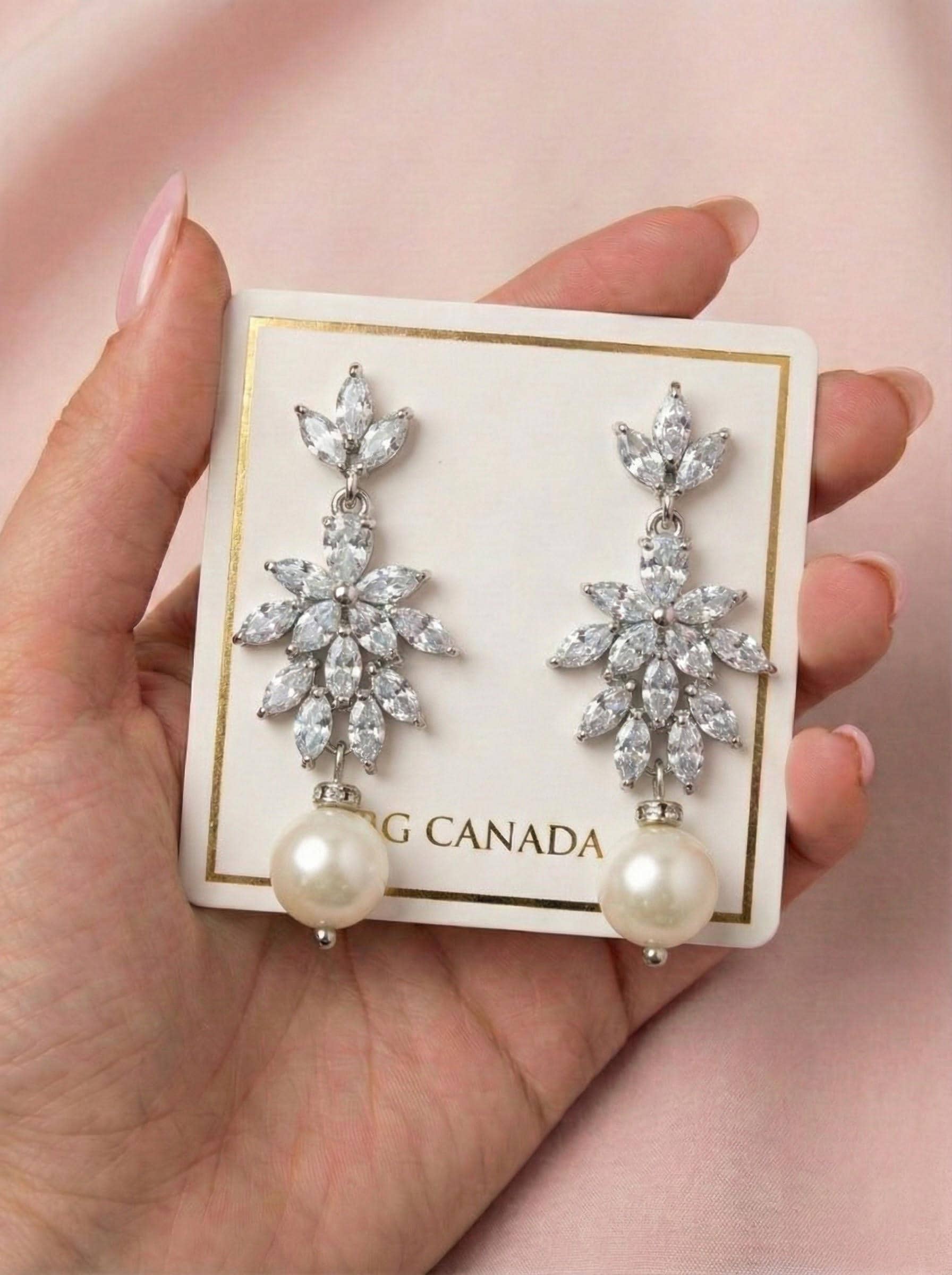 Silver CZ Floral Earrings • Freshwater Pearl Drop Bridal Earrings • Wedding Dangle Earrings for Bride Elegant Wedding Dangle Earrings