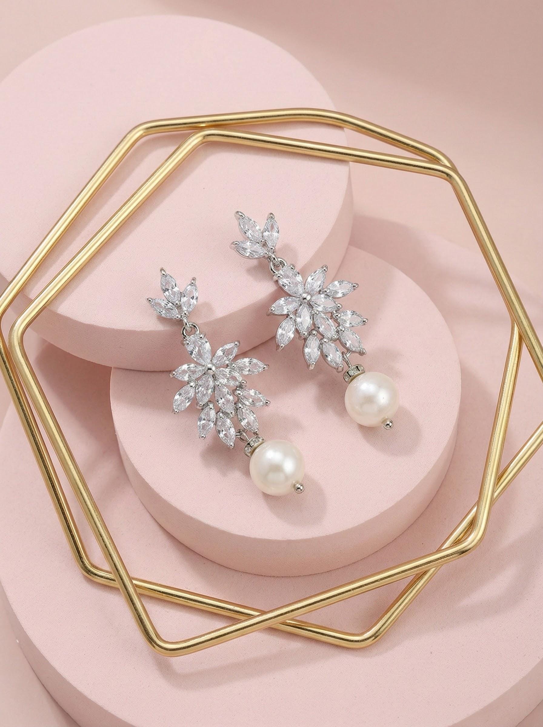 Silver CZ Floral Earrings • Freshwater Pearl Drop Bridal Earrings • Wedding Dangle Earrings for Bride Elegant Wedding Dangle Earrings