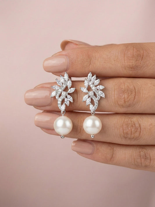 Freshwater Pearl CZ Bridal Earrings • Pearl Drop Wedding Earrings • Silver CZ Cluster Earrings • Bridesmaid Gift • Mother of Bride Jewelry