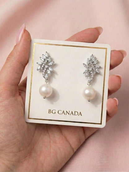 Freshwater Pearl CZ Bridal Earrings • Pearl Drop Wedding Earrings • Silver CZ Cluster Earrings • Bridesmaid Gift • Mother of Bride Jewelry