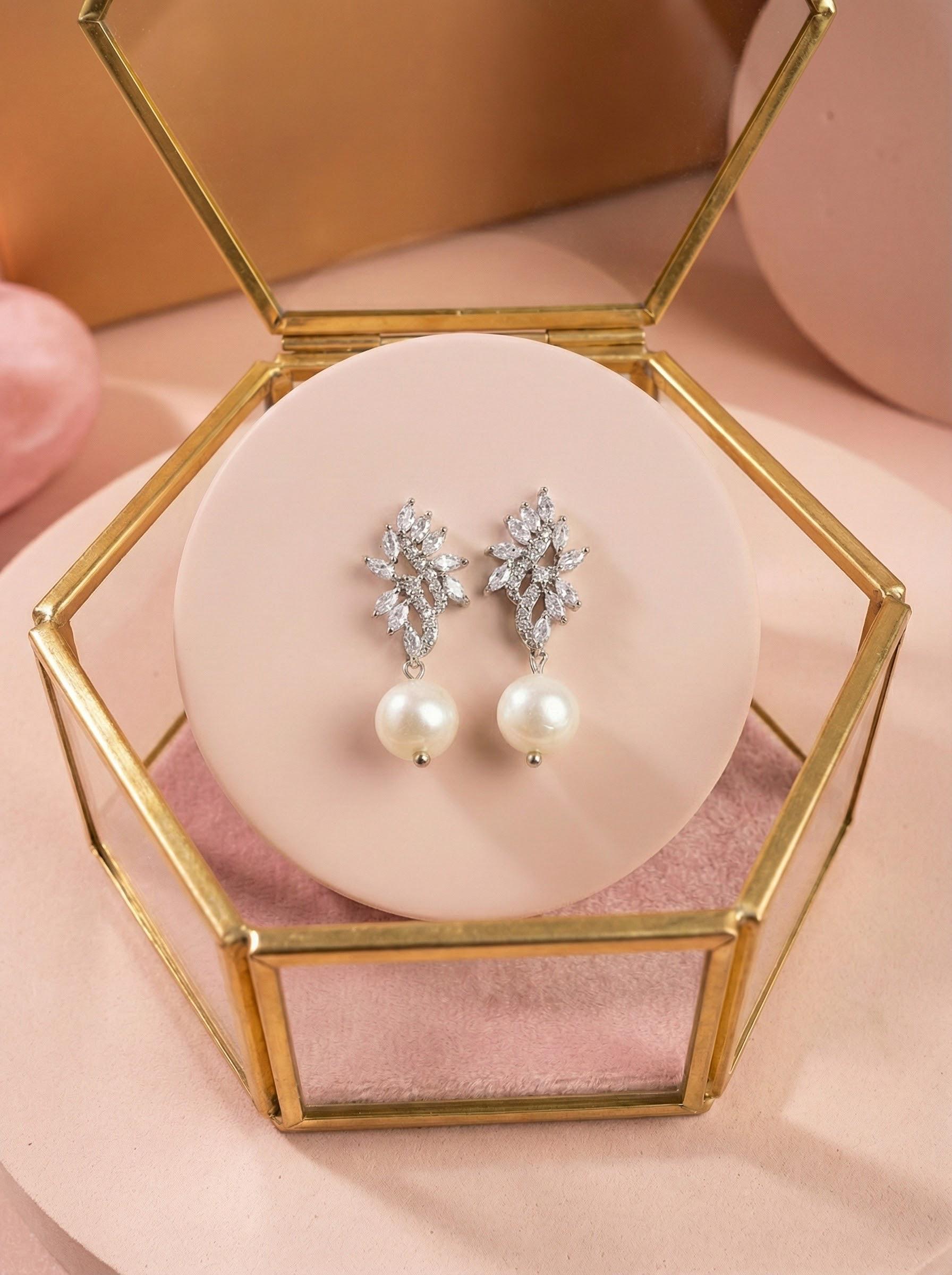 Freshwater Pearl CZ Bridal Earrings • Pearl Drop Wedding Earrings • Silver CZ Cluster Earrings • Bridesmaid Gift • Mother of Bride Jewelry