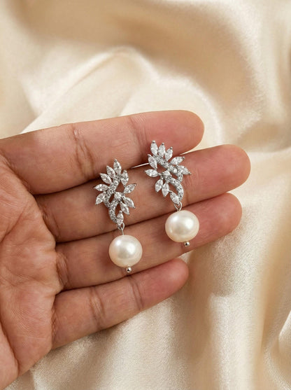 Freshwater Pearl CZ Bridal Earrings • Pearl Drop Wedding Earrings • Silver CZ Cluster Earrings • Bridesmaid Gift • Mother of Bride Jewelry