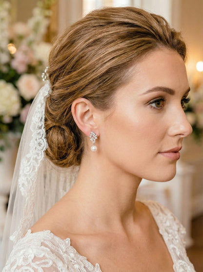 Freshwater Pearl CZ Bridal Earrings • Pearl Drop Wedding Earrings • Silver CZ Cluster Earrings • Bridesmaid Gift • Mother of Bride Jewelry