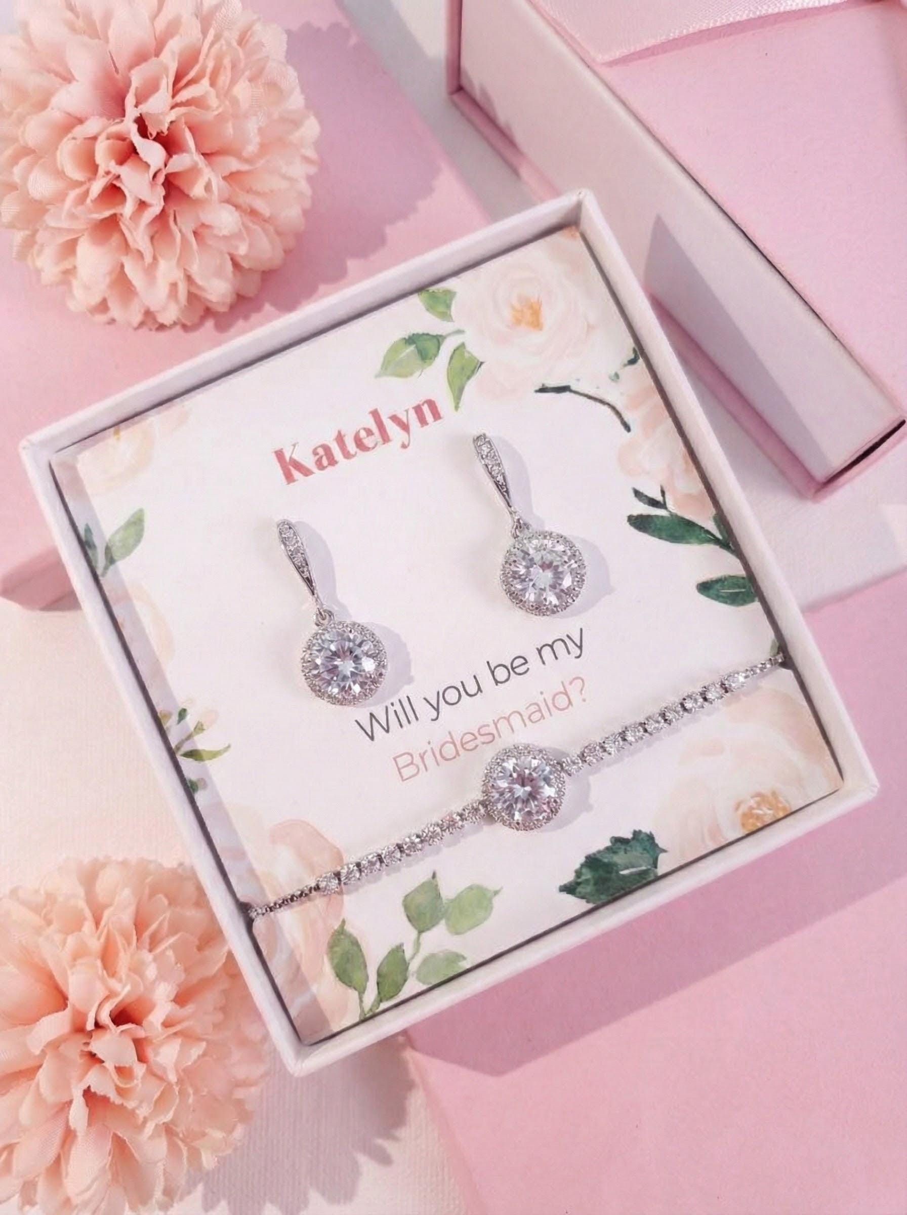 Bridesmaid Jewelry Gift Set • CZ Halo Earrings & Bracelet • Bridal Party Proposal Gift Silver Bridesmaids Gifts • Wedding Jewelry box