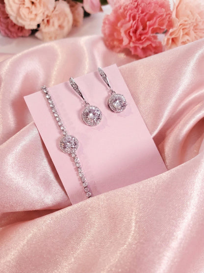 Bridesmaid Jewelry Gift Set • CZ Halo Earrings & Bracelet • Bridal Party Proposal Gift Silver Bridesmaids Gifts • Wedding Jewelry box