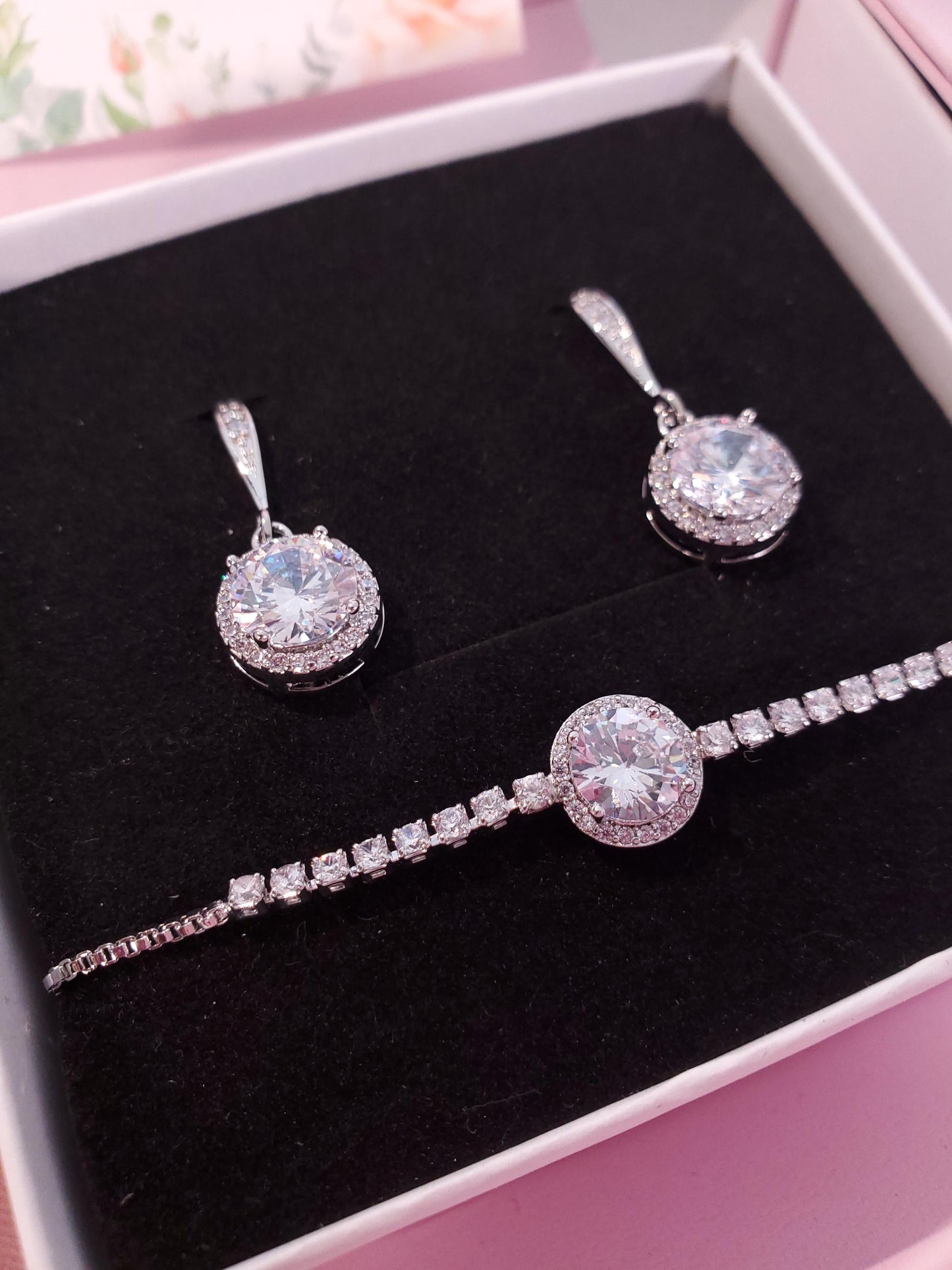 Bridesmaid Jewelry Gift Set • CZ Halo Earrings & Bracelet • Bridal Party Proposal Gift Silver Bridesmaids Gifts • Wedding Jewelry box