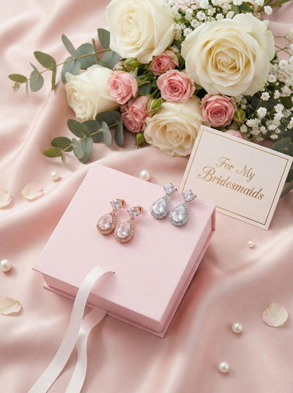 Personalized Bridesmaid Gift Set • CZ Teardrop Earrings & Bracelet • Custom Name Card • Bridesmaid Proposal Jewelry • Wedding Party Gifts