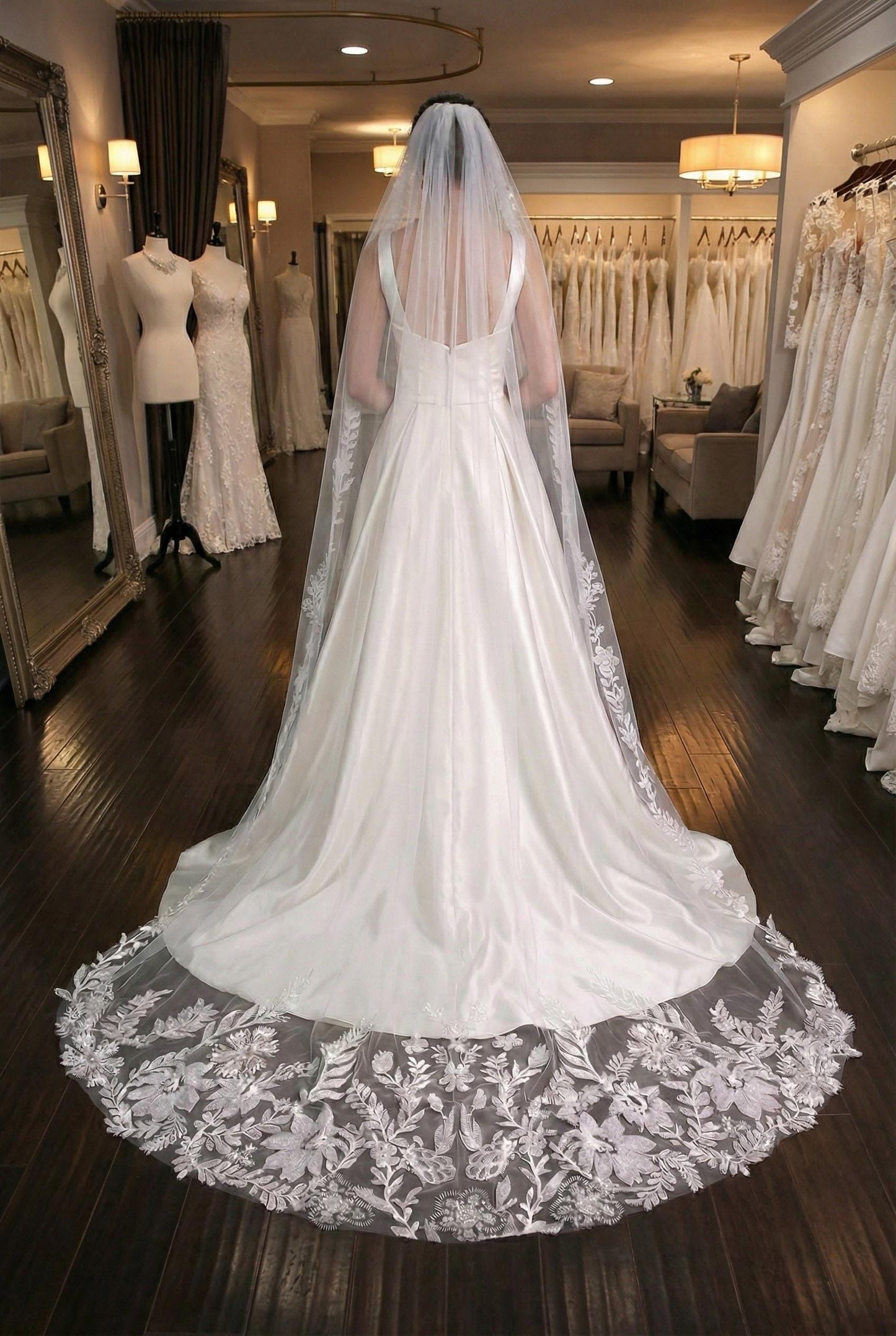 Floral Lace Bridal Veil with Long Train – Elegant Embroidered Tulle Wedding Veil, Cathedral Style Veil for Bride Classic Bridal Style