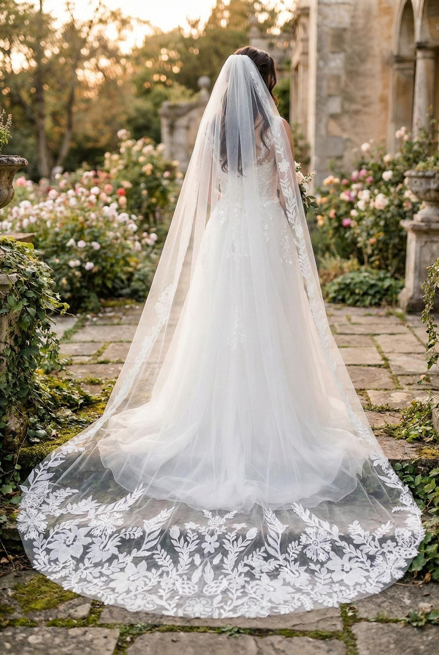 Floral Lace Bridal Veil with Long Train – Elegant Embroidered Tulle Wedding Veil, Cathedral Style Veil for Bride Classic Bridal Style