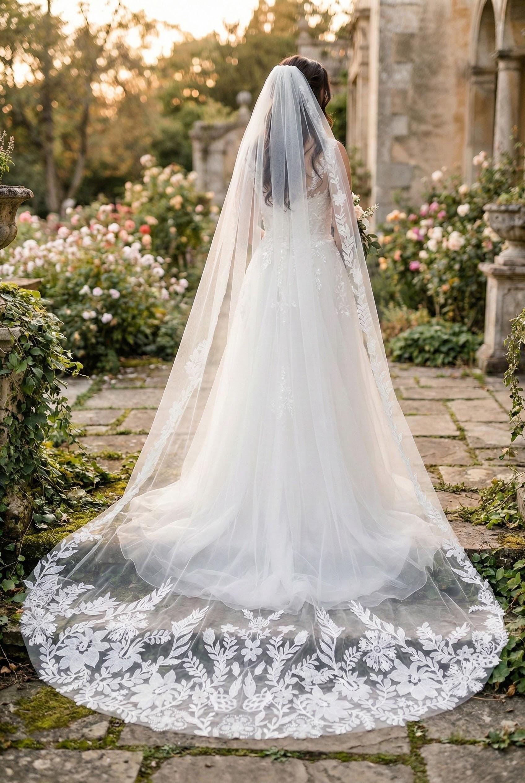 Floral Lace Bridal Veil with Long Train – Elegant Embroidered Tulle Wedding Veil, Cathedral Style Veil for Bride Classic Bridal Style