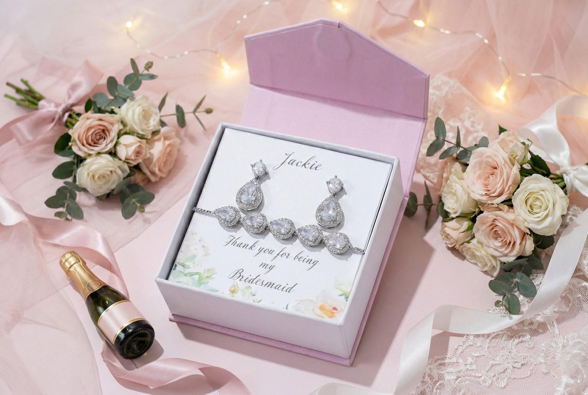 Personalized Bridesmaid Gift Set • CZ Teardrop Earrings & Bracelet • Custom Name Card • Bridesmaid Proposal Jewelry • Wedding Party Gifts