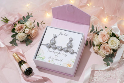 Personalized Bridesmaid Gift Set • CZ Teardrop Earrings & Bracelet • Custom Name Card • Bridesmaid Proposal Jewelry • Wedding Party Gifts