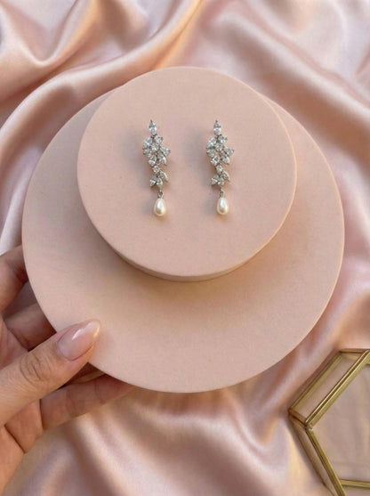 Long Bridal Earrings • Sparkling Wedding Drop Earrings • Bride Earrings for Wedding Day Gift earrings with pearl drop