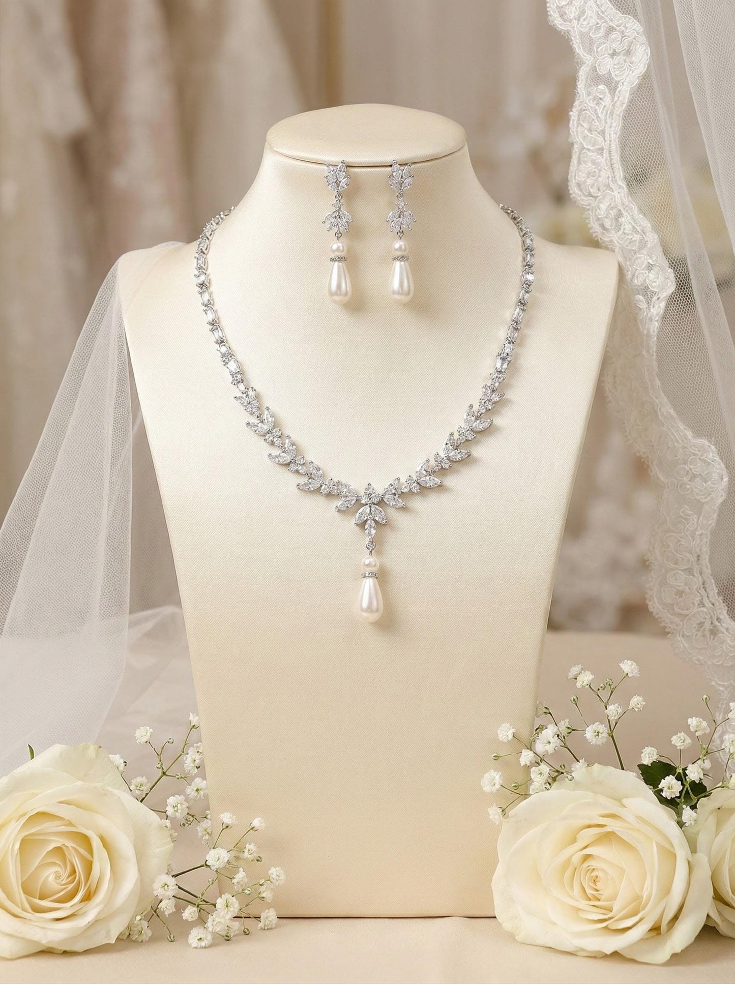 Wedding necklace wedding earrings silver bridal jewelry set cz necklace with pearl drop y necklace pearl drop earrings