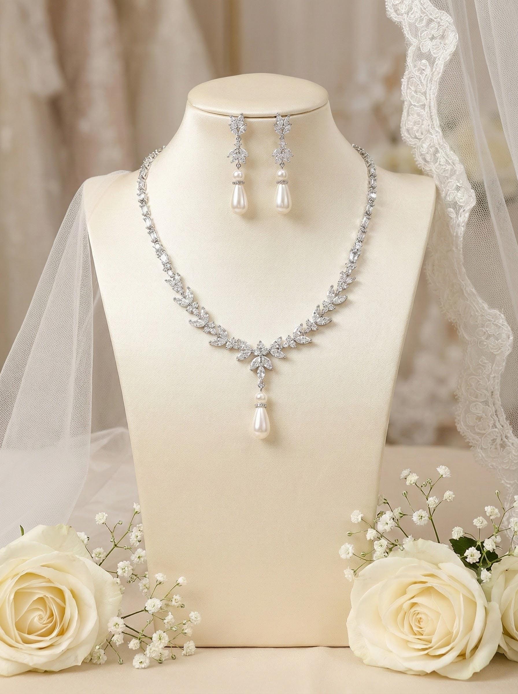 Wedding necklace wedding earrings silver bridal jewelry set cz necklace with pearl drop y necklace pearl drop earrings