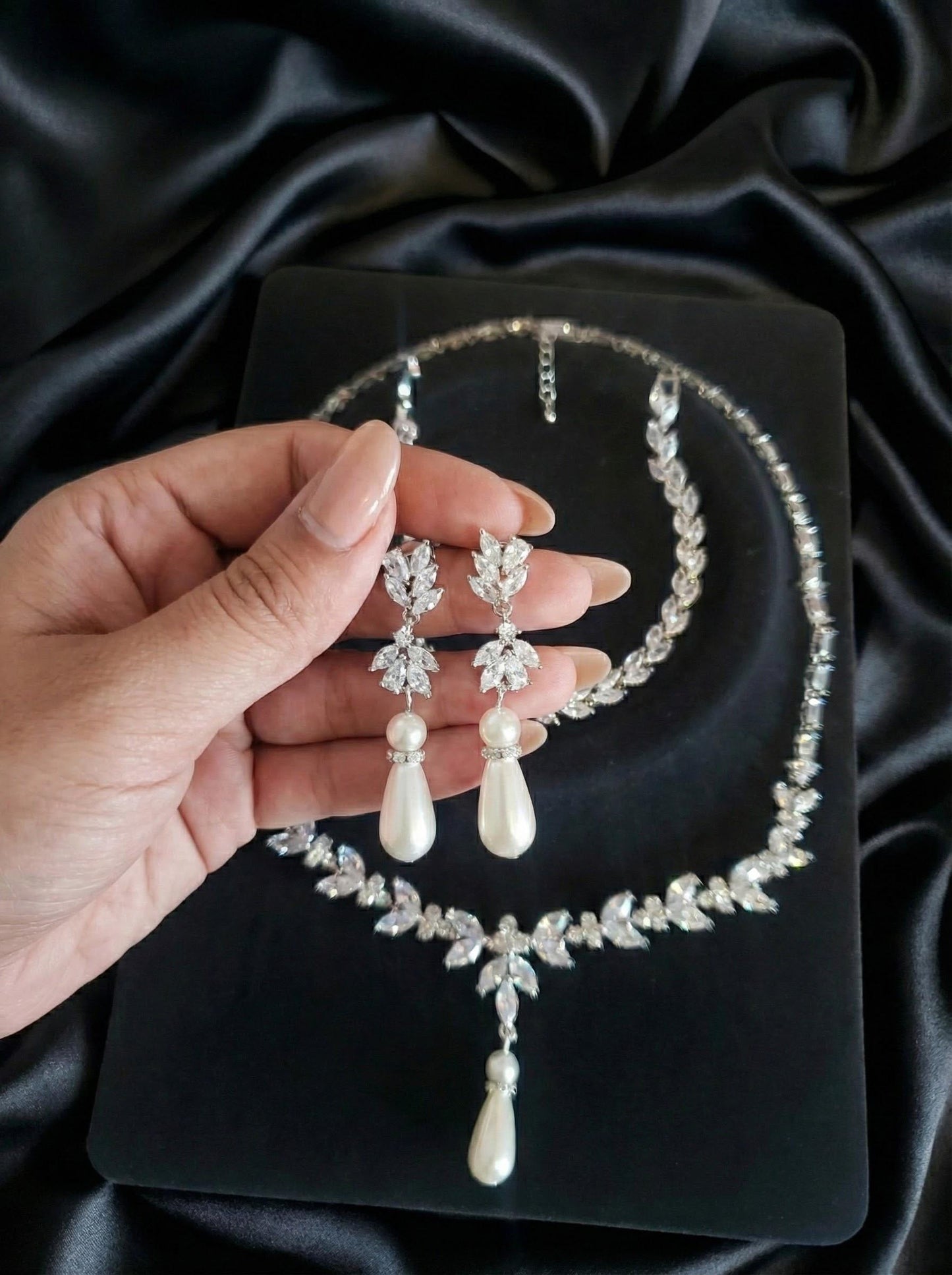 Wedding necklace wedding earrings silver bridal jewelry set cz necklace with pearl drop y necklace pearl drop earrings