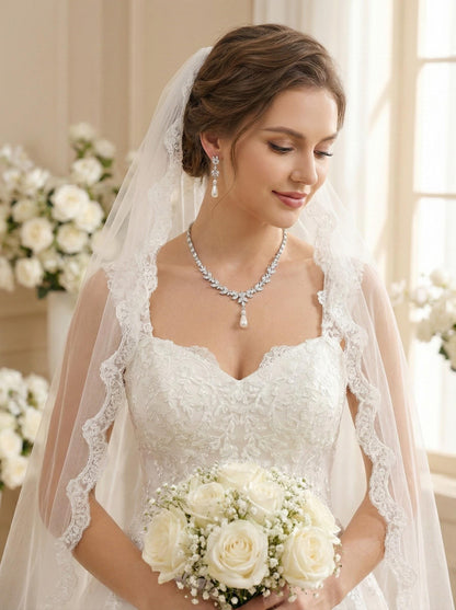 Wedding necklace wedding earrings silver bridal jewelry set cz necklace with pearl drop y necklace pearl drop earrings