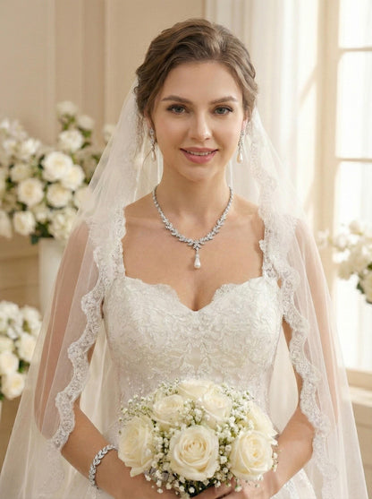 Wedding necklace wedding earrings silver bridal jewelry set cz necklace with pearl drop y necklace pearl drop earrings