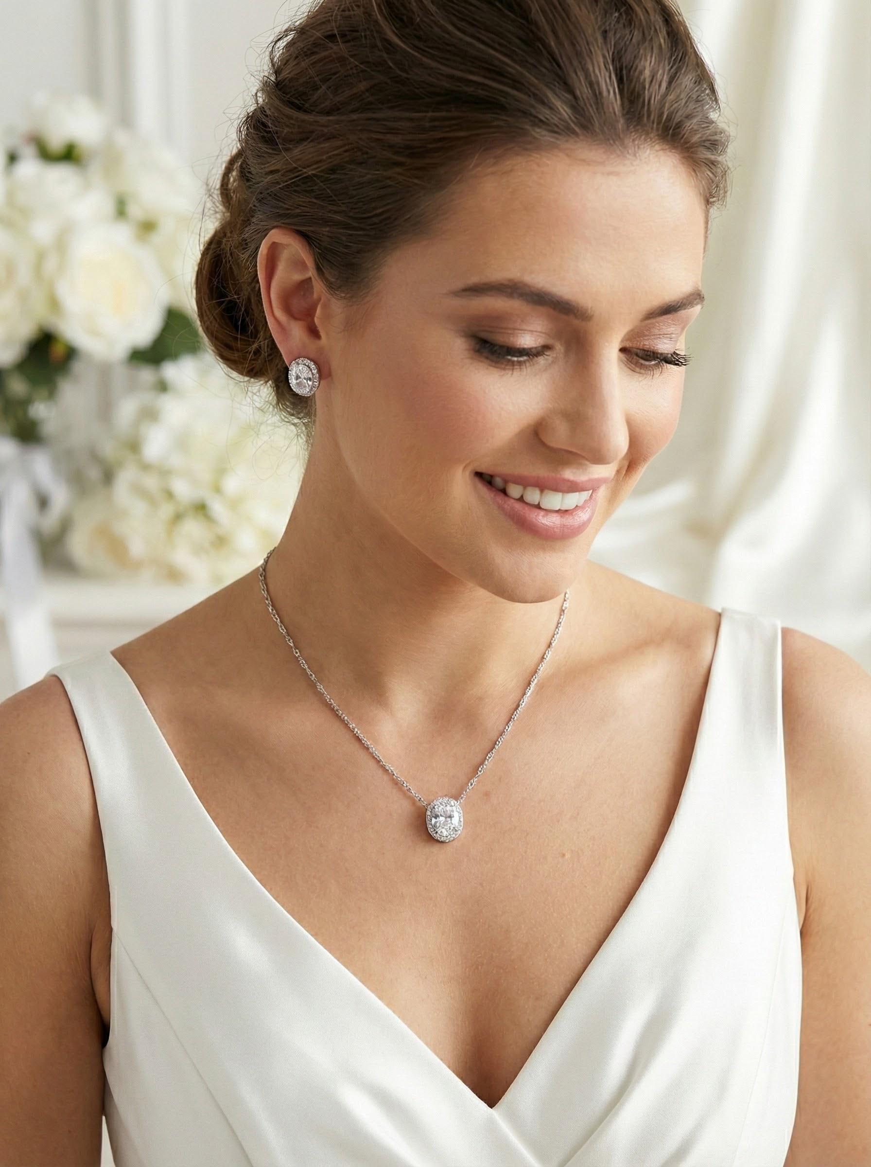 Silver stud earrings with matching necklace simple jewelery stud necklace bridesmaids stud earring gift for her women gift personalized gift