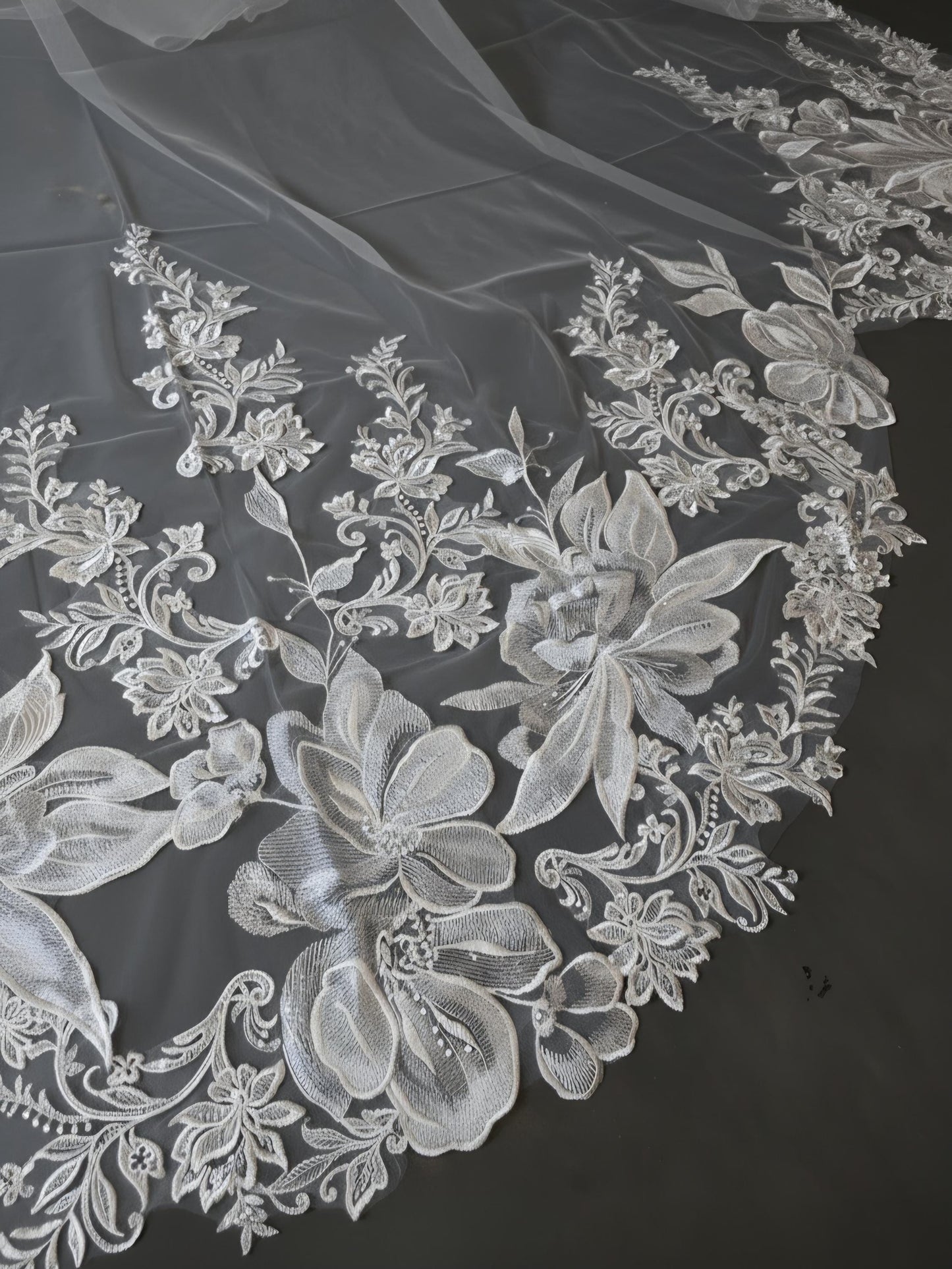 Floral Lace Edge scalloped veil special cut veil extra wide veil mermaid tail cut veil ivory veil with florals