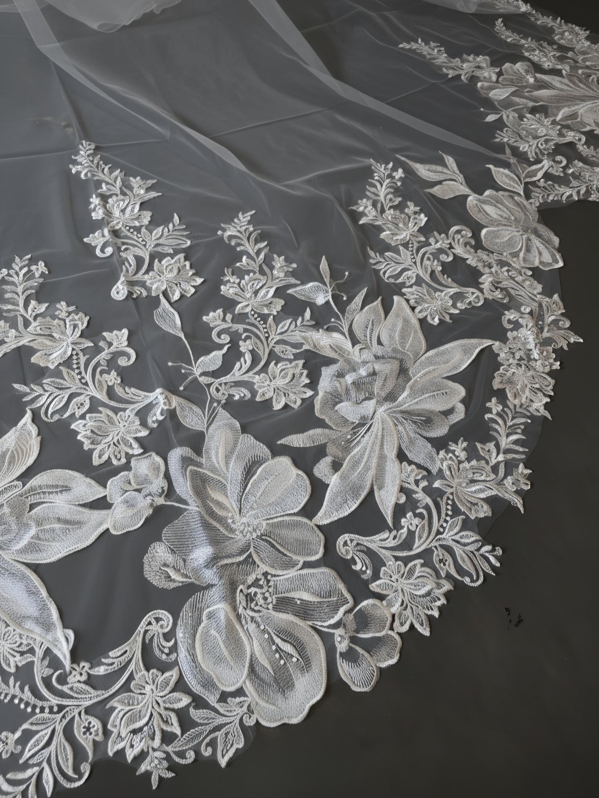 Floral Lace Edge scalloped veil special cut veil extra wide veil mermaid tail cut veil ivory veil with florals