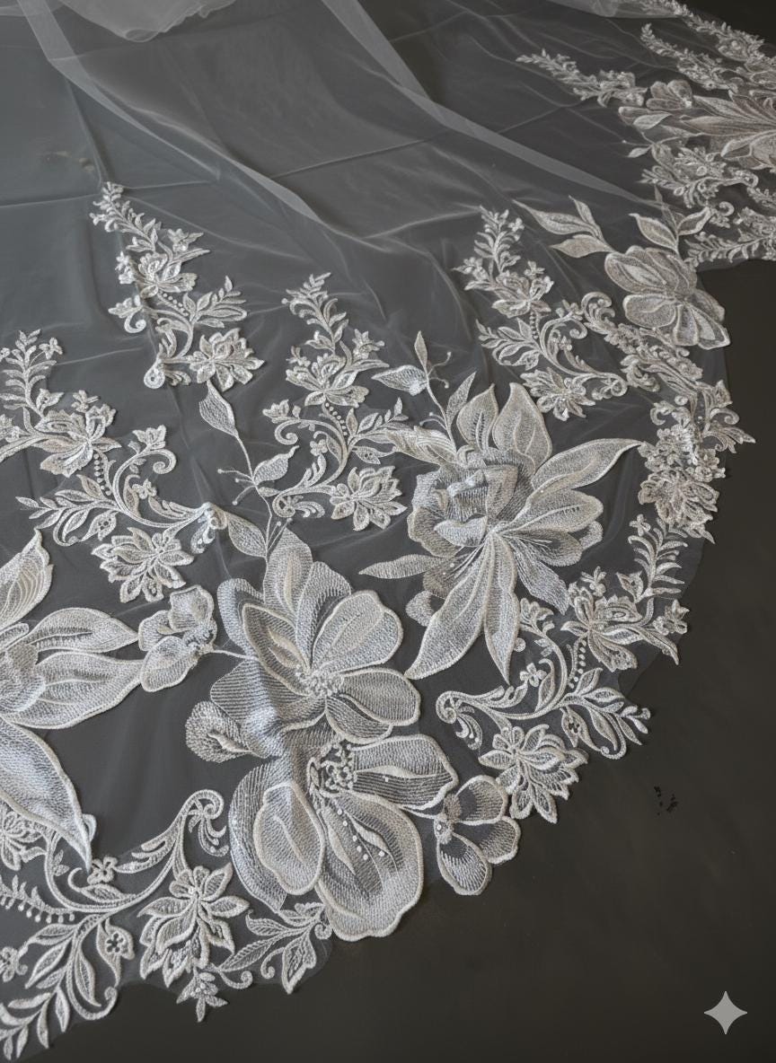 Floral Lace Edge scalloped veil special cut veil extra wide veil mermaid tail cut veil ivory veil with florals