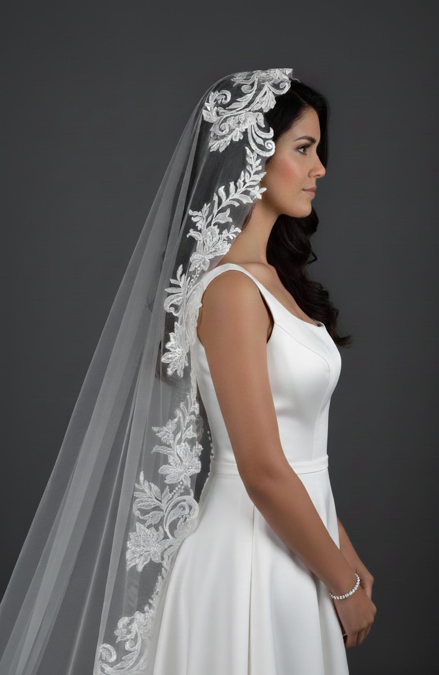 Floral Lace Edge scalloped veil special cut veil extra wide veil mermaid tail cut veil ivory veil with florals