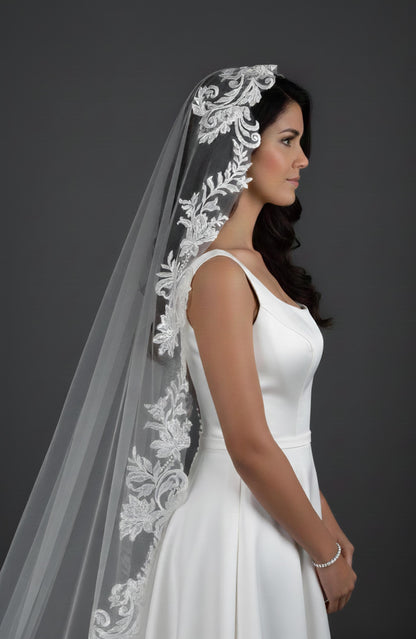 Floral Lace Edge scalloped veil special cut veil extra wide veil mermaid tail cut veil ivory veil with florals