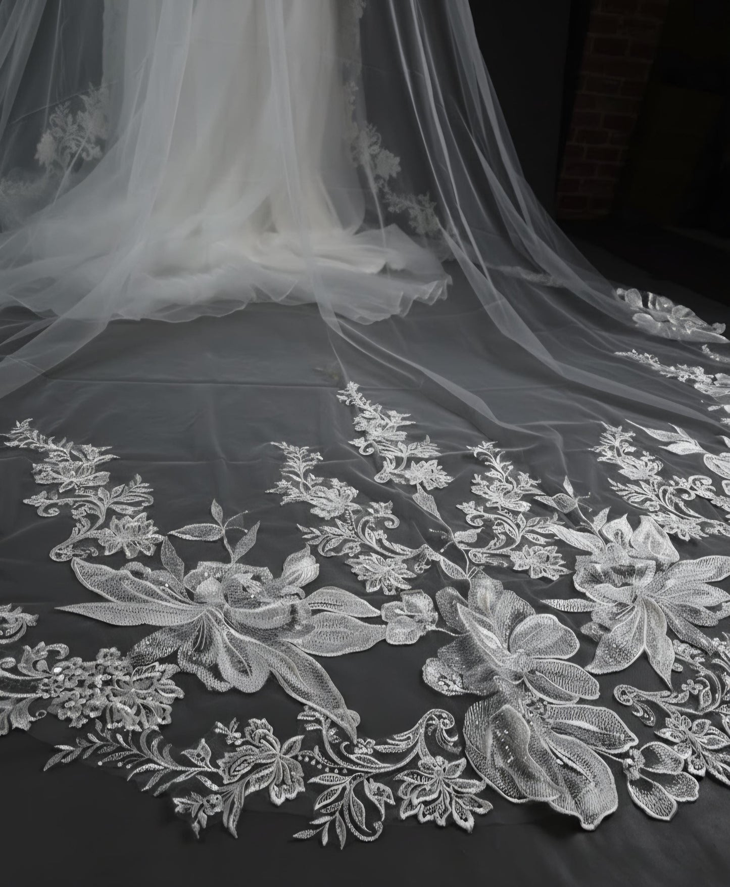 Floral Lace Edge scalloped veil special cut veil extra wide veil mermaid tail cut veil ivory veil with florals
