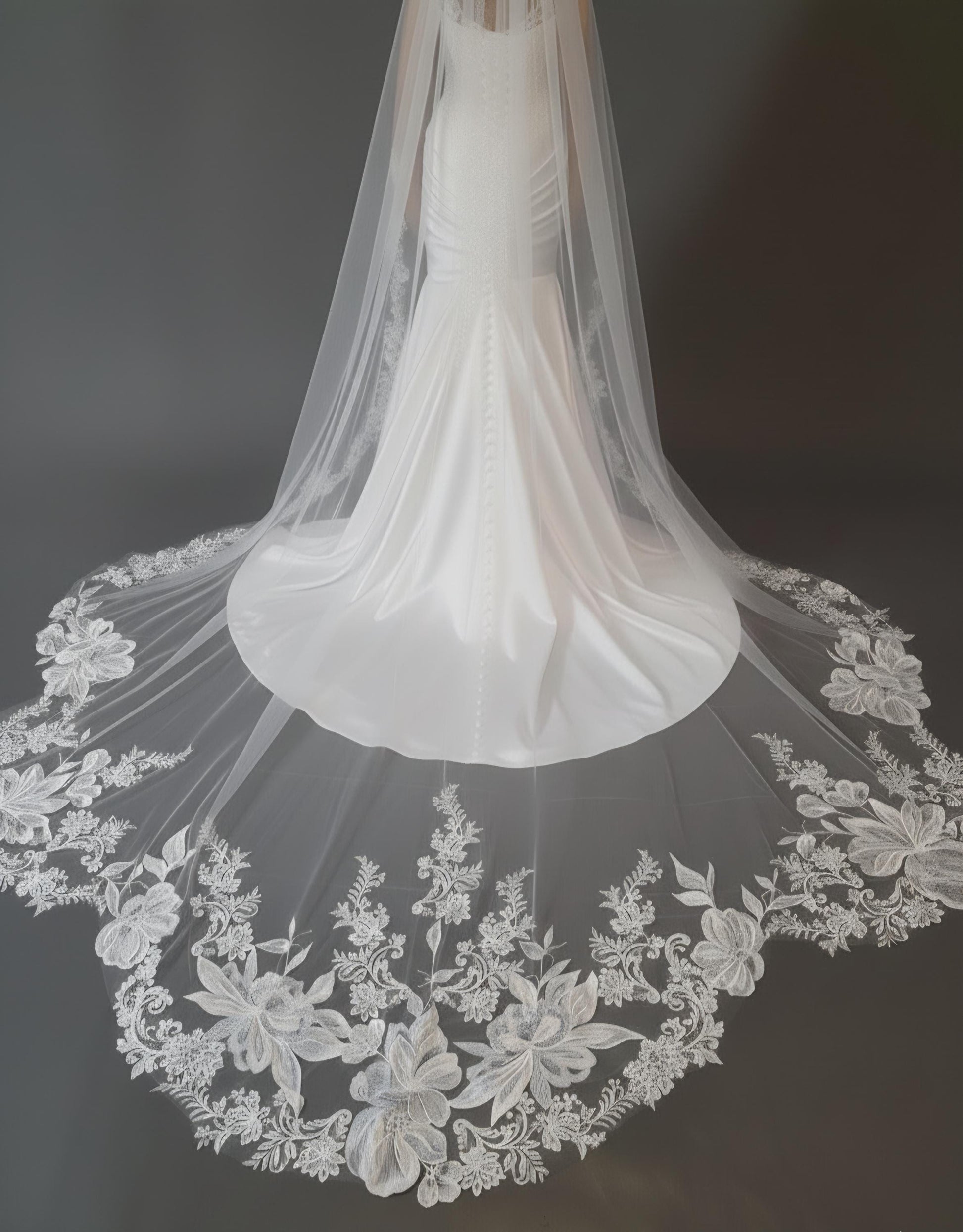Floral Lace Edge scalloped veil special cut veil extra wide veil mermaid tail cut veil ivory veil with florals