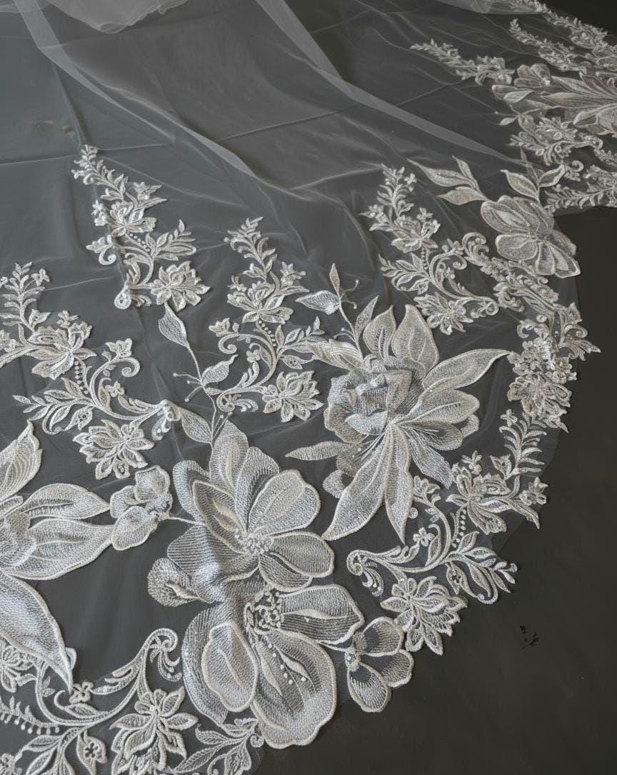 Floral Lace Edge scalloped veil special cut veil extra wide veil mermaid tail cut veil ivory veil with florals
