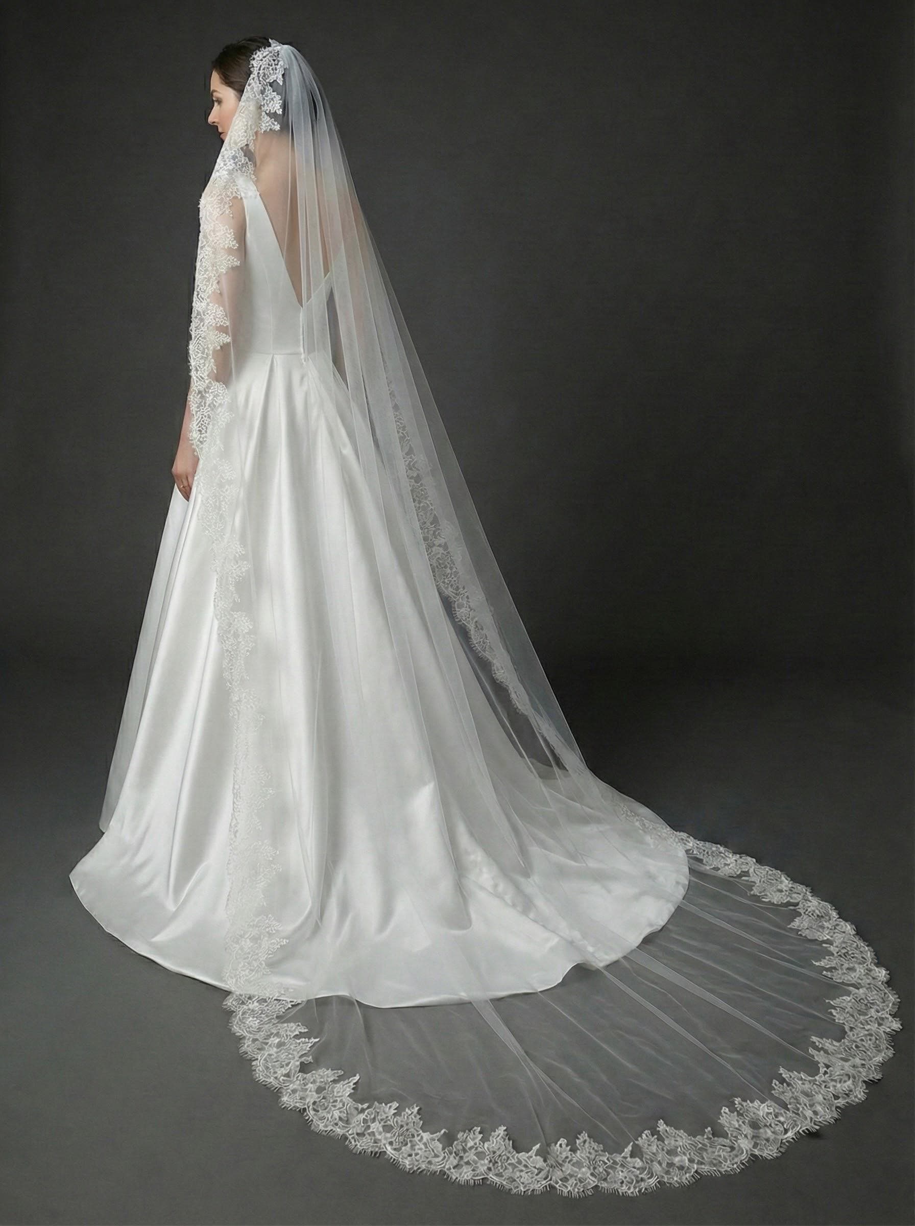 Spanish Mantilla Veil with Eyelash Lace Edge Scalloped Bridal Style for Cathedral Weddings
