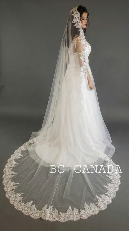 Spanish Mantilla Veil with Eyelash Lace Edge Scalloped Bridal Style for Cathedral Weddings