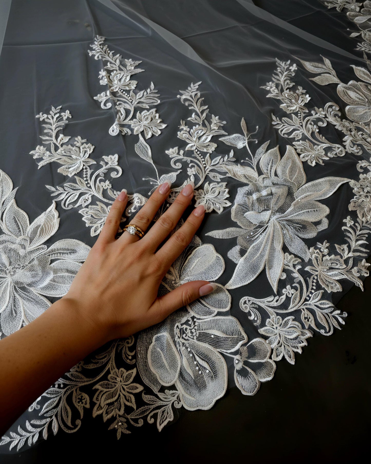 Floral Lace Edge scalloped veil special cut veil extra wide veil mermaid tail cut veil ivory veil with florals