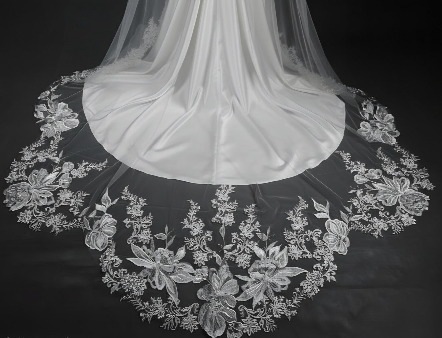 Floral Lace Edge scalloped veil special cut veil extra wide veil mermaid tail cut veil ivory veil with florals
